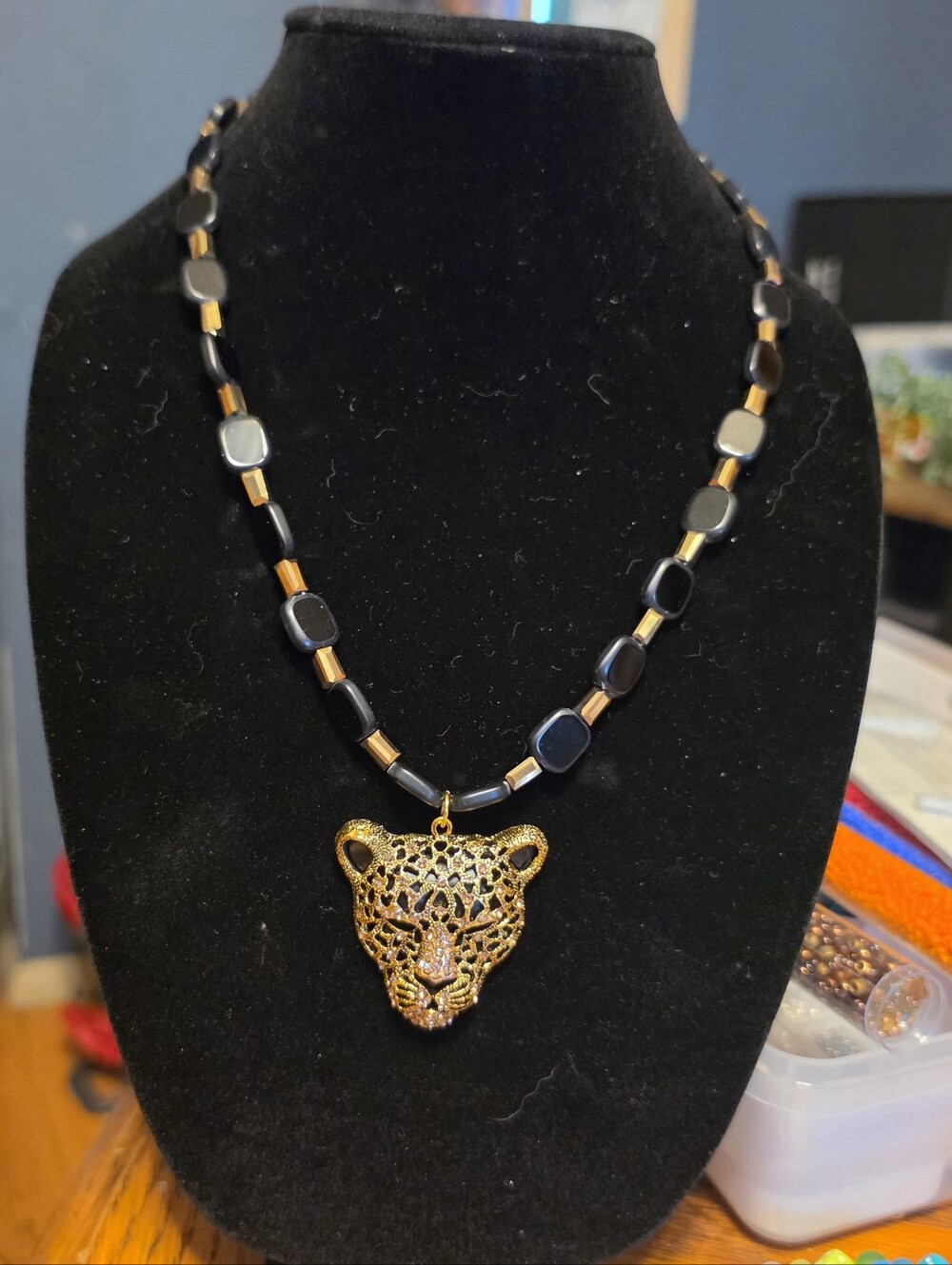 Gold Leopard Pendant Necklace with Black Beads